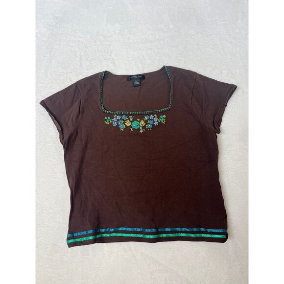 August Silk Brown Embroidered Short Sleeve Sweater Top Y2K sz XL Phoebe Buffay - Picture 2 of 7